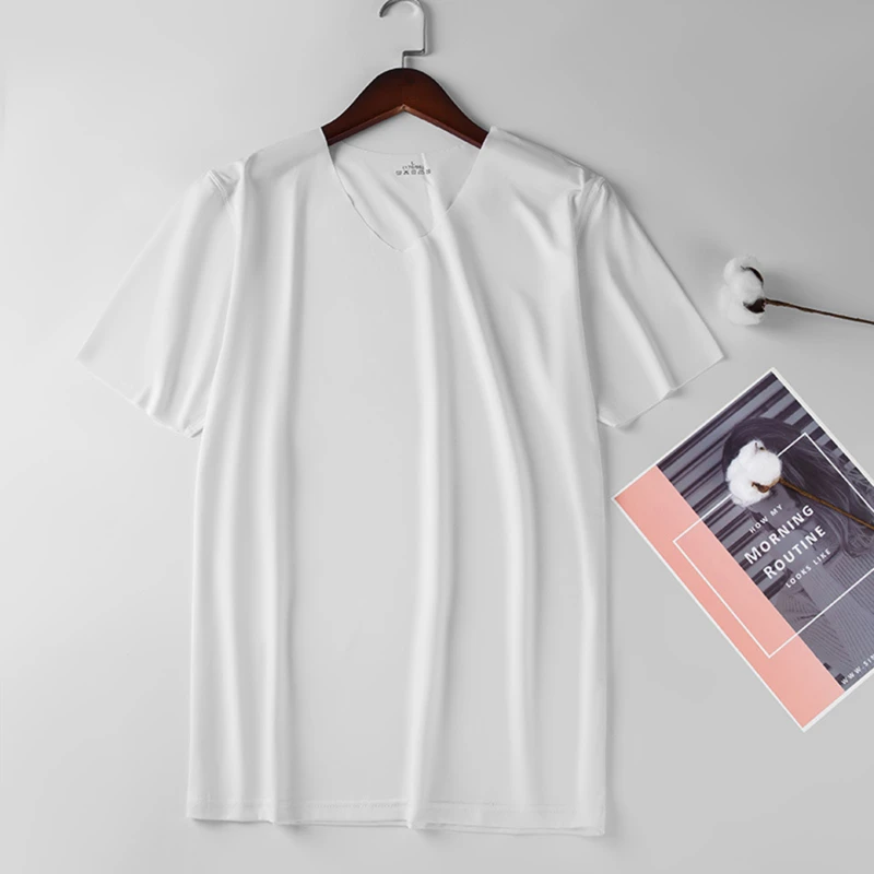 Men's Skinny Shirt Ice Silk Basic Shirts Solid Color Breathable Seamless T-shirt Men Thin Slim Bottoming V-Neck Shirt For Male - Image 6