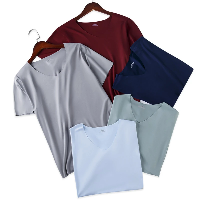 Men's Skinny Shirt Ice Silk Basic Shirts Solid Color Breathable Seamless T-shirt Men Thin Slim Bottoming V-Neck Shirt For Male - Image 3