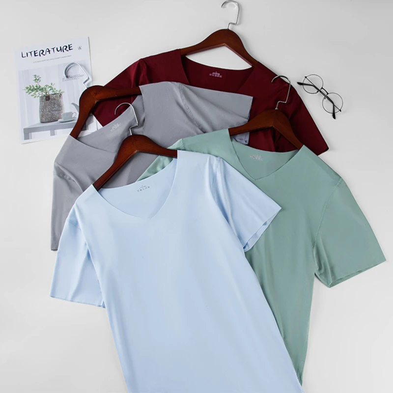 Men's Skinny Shirt Ice Silk Basic Shirts Solid Color Breathable Seamless T-shirt Men Thin Slim Bottoming V-Neck Shirt For Male - Image 4