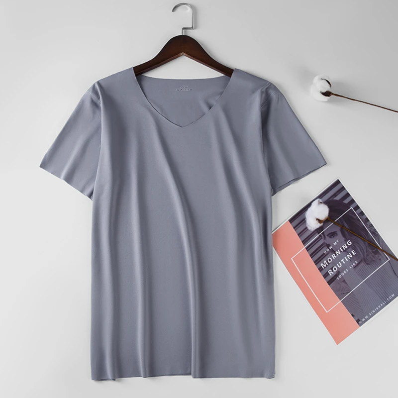 Men's Skinny Shirt Ice Silk Basic Shirts Solid Color Breathable Seamless T-shirt Men Thin Slim Bottoming V-Neck Shirt For Male - Image 5