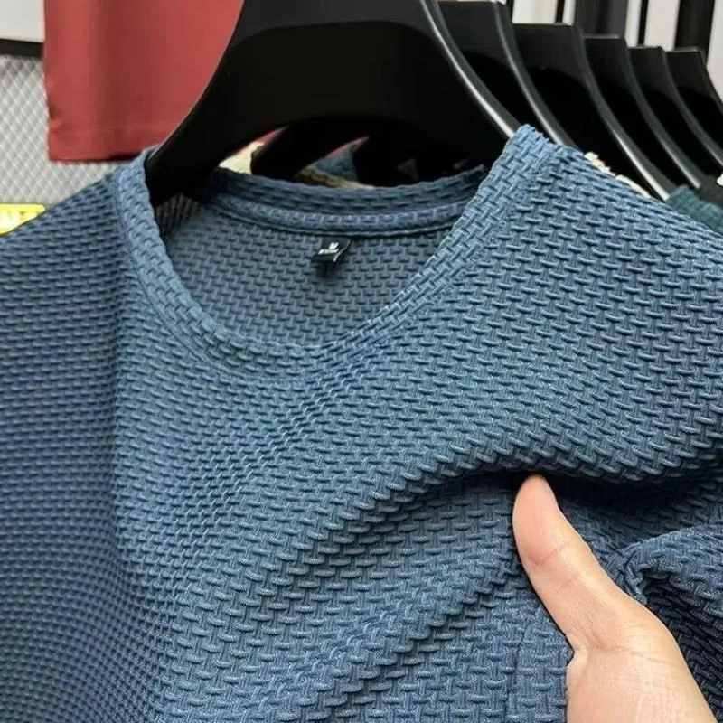 Mesh Ice Silk T-shirt Men's Short sleeved Round Neck New T-sleeved Men's Bottom Shirt Summer Solid Color Men's Top - Image 2
