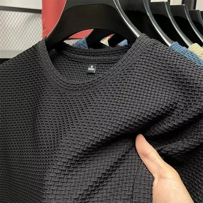 Mesh Ice Silk T-shirt Men's Short sleeved Round Neck New T-sleeved Men's Bottom Shirt Summer Solid Color Men's Top - Image 3