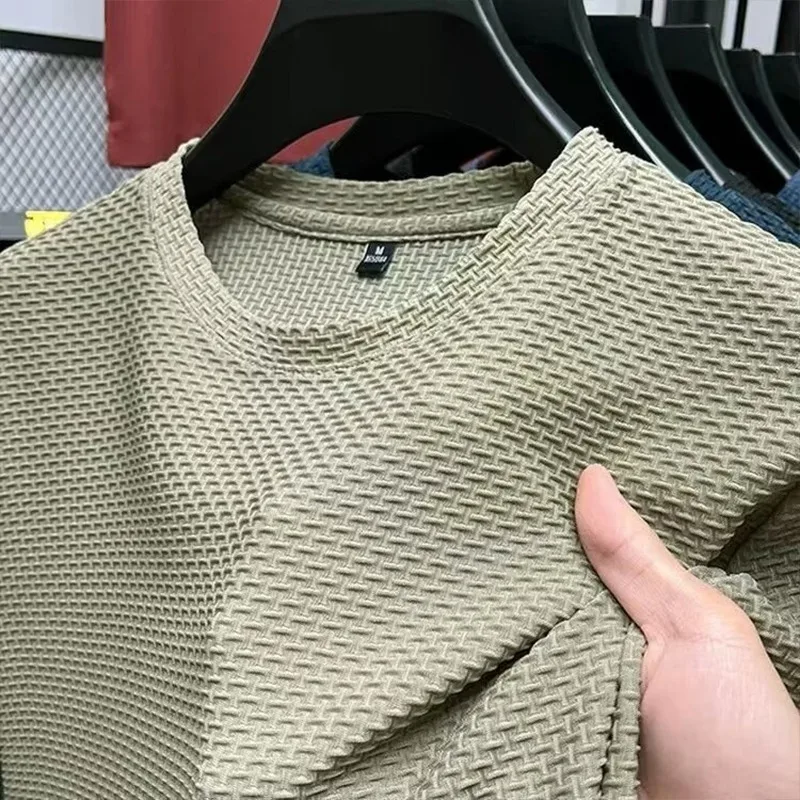 Mesh Ice Silk T-shirt Men's Short sleeved Round Neck New T-sleeved Men's Bottom Shirt Summer Solid Color Men's Top - Image 4