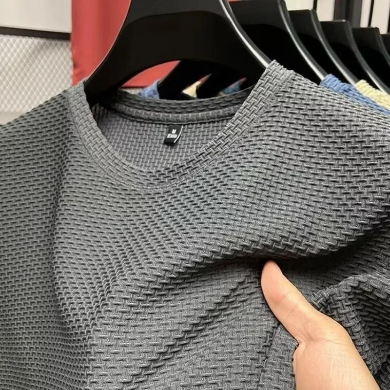 Mesh Ice Silk T-shirt Men's Short sleeved Round Neck New T-sleeved Men's Bottom Shirt Summer Solid Color Men's Top