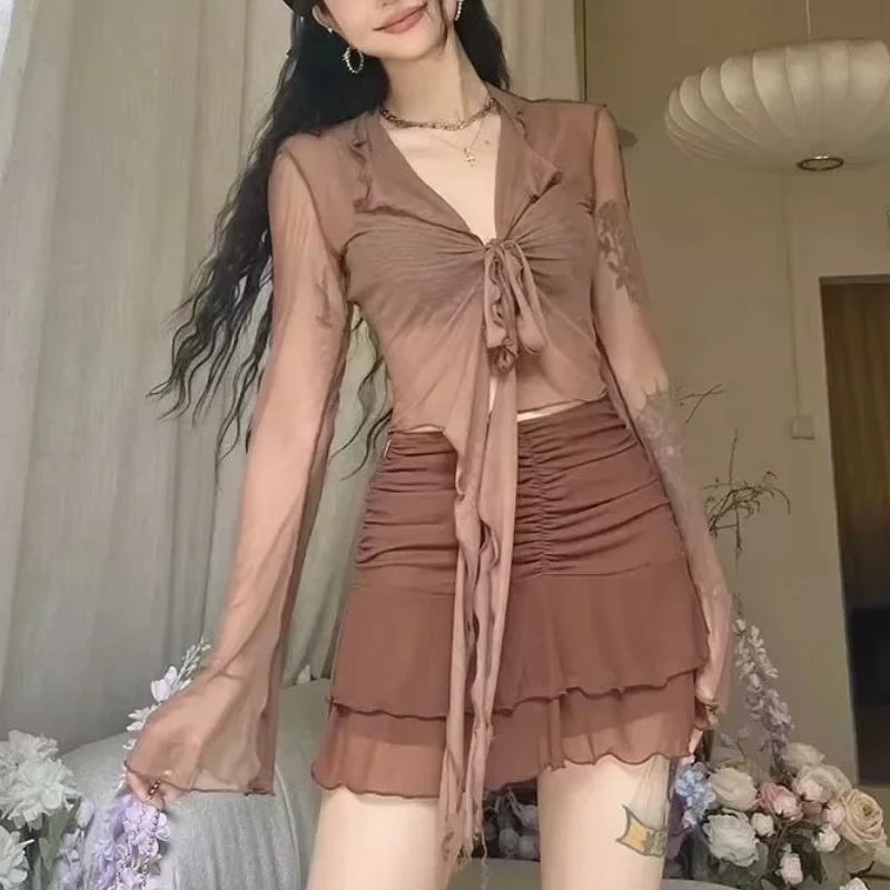 Mesh Shirts Sexy Women Casual SLIM Ruffles Design Vintage Korean Style Lightweight Flare Sleeve Thin Breathable Hot Sweet Temper - Image 6
