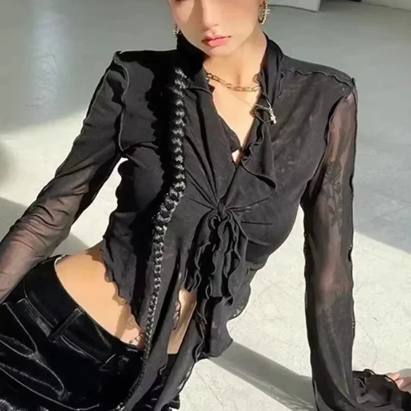 Mesh Shirts Sexy Women Casual SLIM Ruffles Design Vintage Korean Style Lightweight Flare Sleeve Thin Breathable Hot Sweet Temper - Image 4