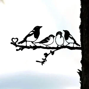 Metal Four Birds On Branch Steel Silhouette Metal Wall Art Home Garden Yard Patio Outdoor Statue Stake Decoration Perfect1pc