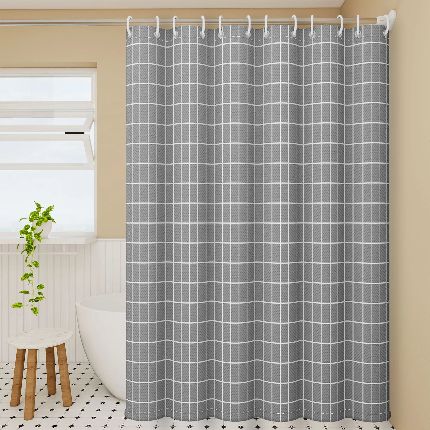 Minimalist Gray Checkered Grid Pattern Shower Curtain - Waterproof Polyester Fabric for Stylish Bathrooms
