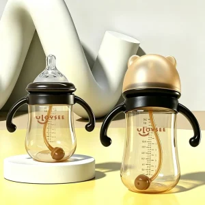 Nano Silver Antibacterial Baby Bottle Wide Neck Anti Colic with Handle and Straw Baby Feeding Bottle