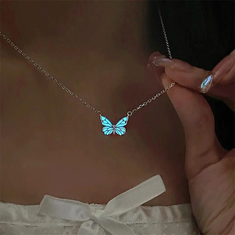 New Fashion Blue Luminous Butterfly Necklace Bracelet Set for Women Glow in the Dark Clavicle Chain Choker Party Jewelry Gifts - Image 3