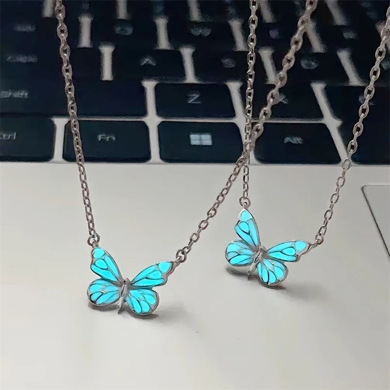 New Fashion Blue Luminous Butterfly Necklace Bracelet Set for Women Glow in the Dark Clavicle Chain Choker Party Jewelry Gifts - Image 4