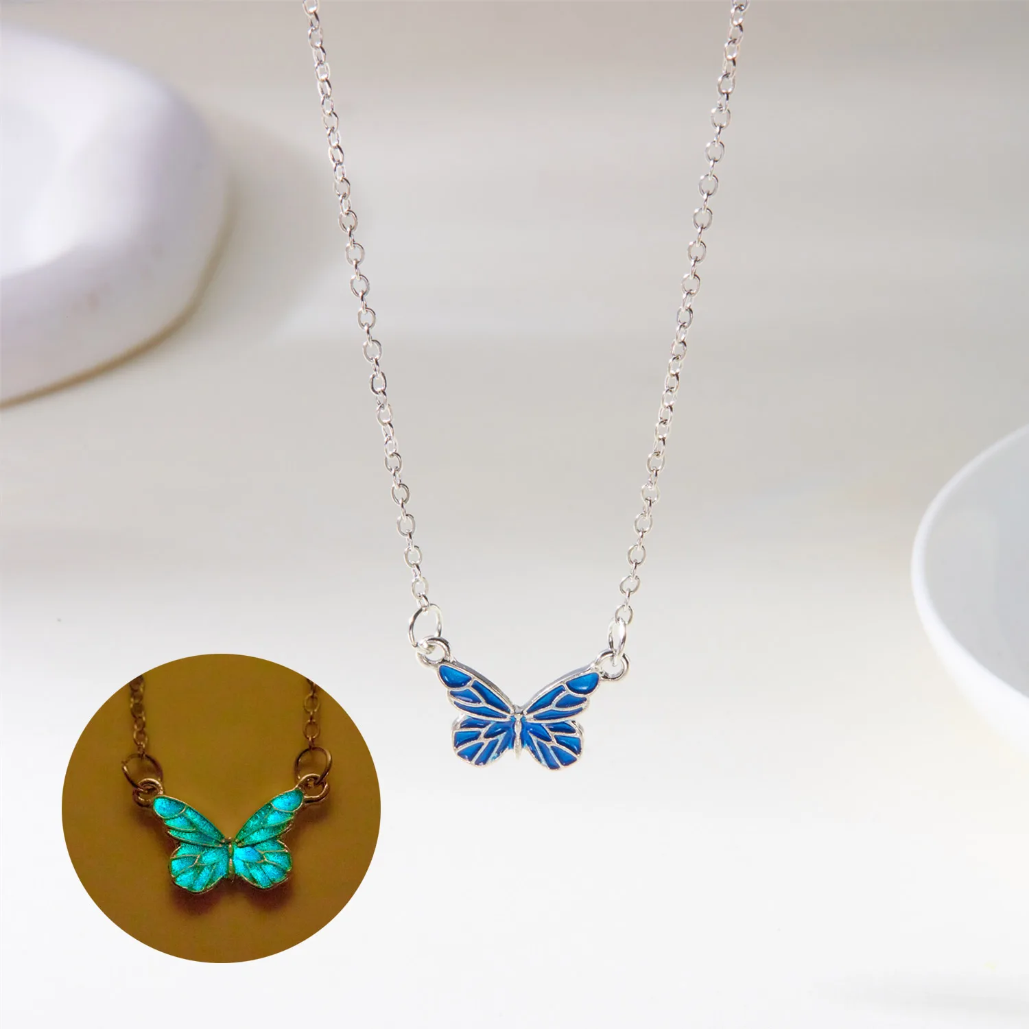 New Fashion Blue Luminous Butterfly Necklace Bracelet Set for Women Glow in the Dark Clavicle Chain Choker Party Jewelry Gifts - Image 5