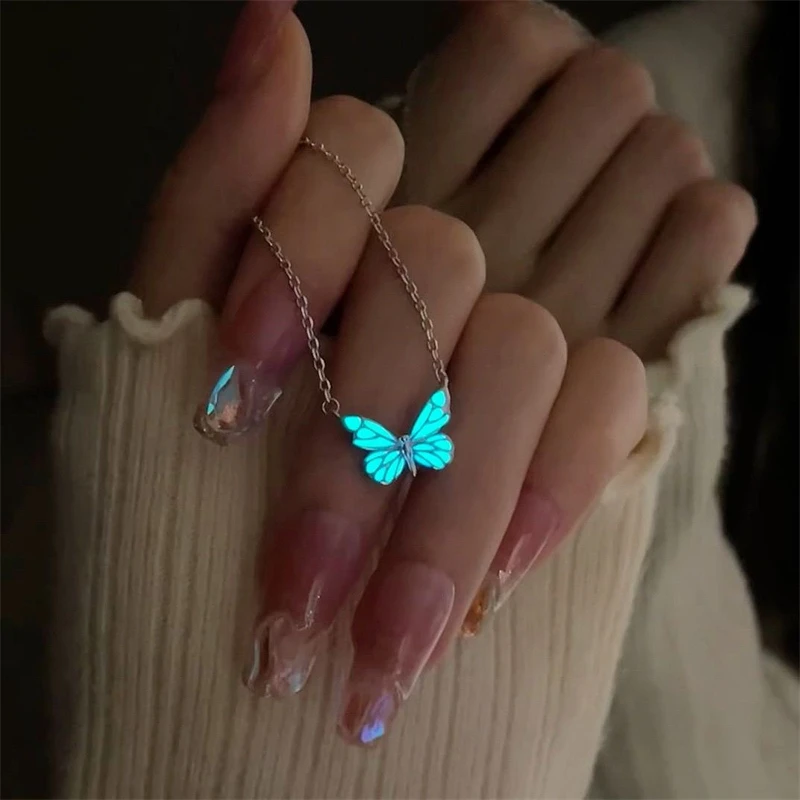 New Fashion Blue Luminous Butterfly Necklace Bracelet Set for Women Glow in the Dark Clavicle Chain Choker Party Jewelry Gifts - Image 2