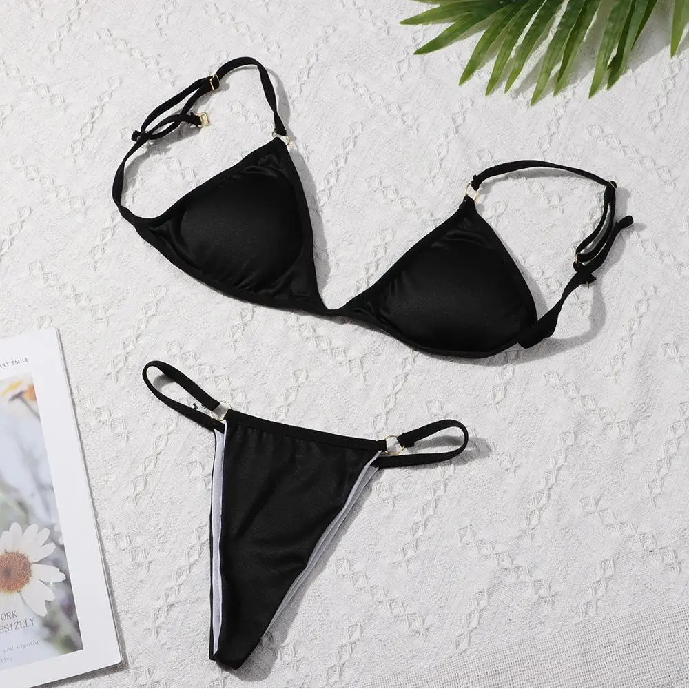 New Ladies Sexy Solid Color Sling Backless Bikini Set Metal Buckle Decorated Brazilian Swimwear Beach Vacation Split Swimwear - Image 3