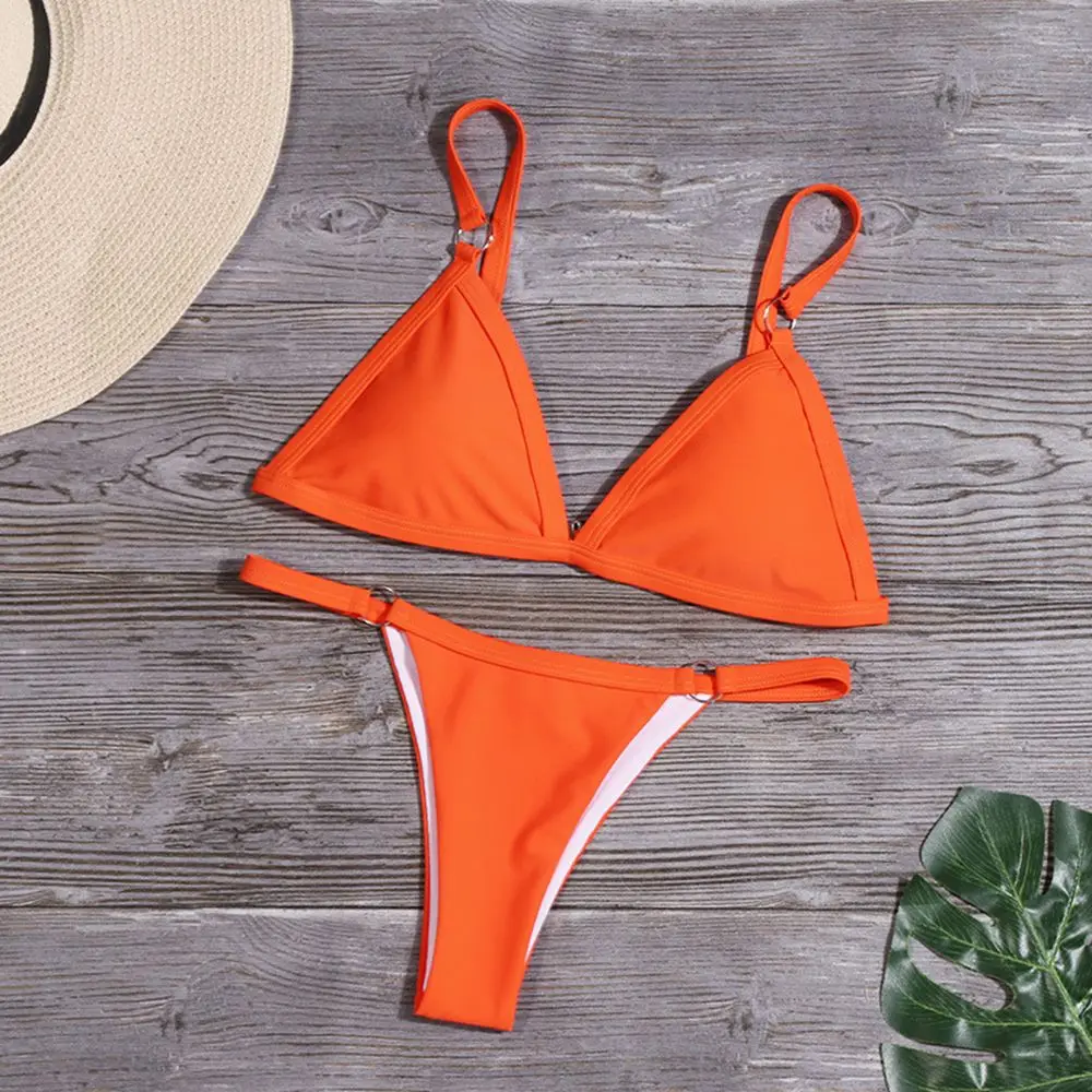 New Ladies Sexy Solid Color Sling Backless Bikini Set Metal Buckle Decorated Brazilian Swimwear Beach Vacation Split Swimwear - Image 5