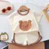 New Summer Baby Clothes 0-4 Years Old Boy Cartoon Bear T-Shirt Shorts Pink Cute Cotton Girl Short-Sleeved Top Suit