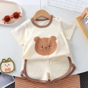 New Summer Baby Clothes 0-4 Years Old Boy Cartoon Bear T-Shirt Shorts Pink Cute Cotton Girl Short-Sleeved Top Suit