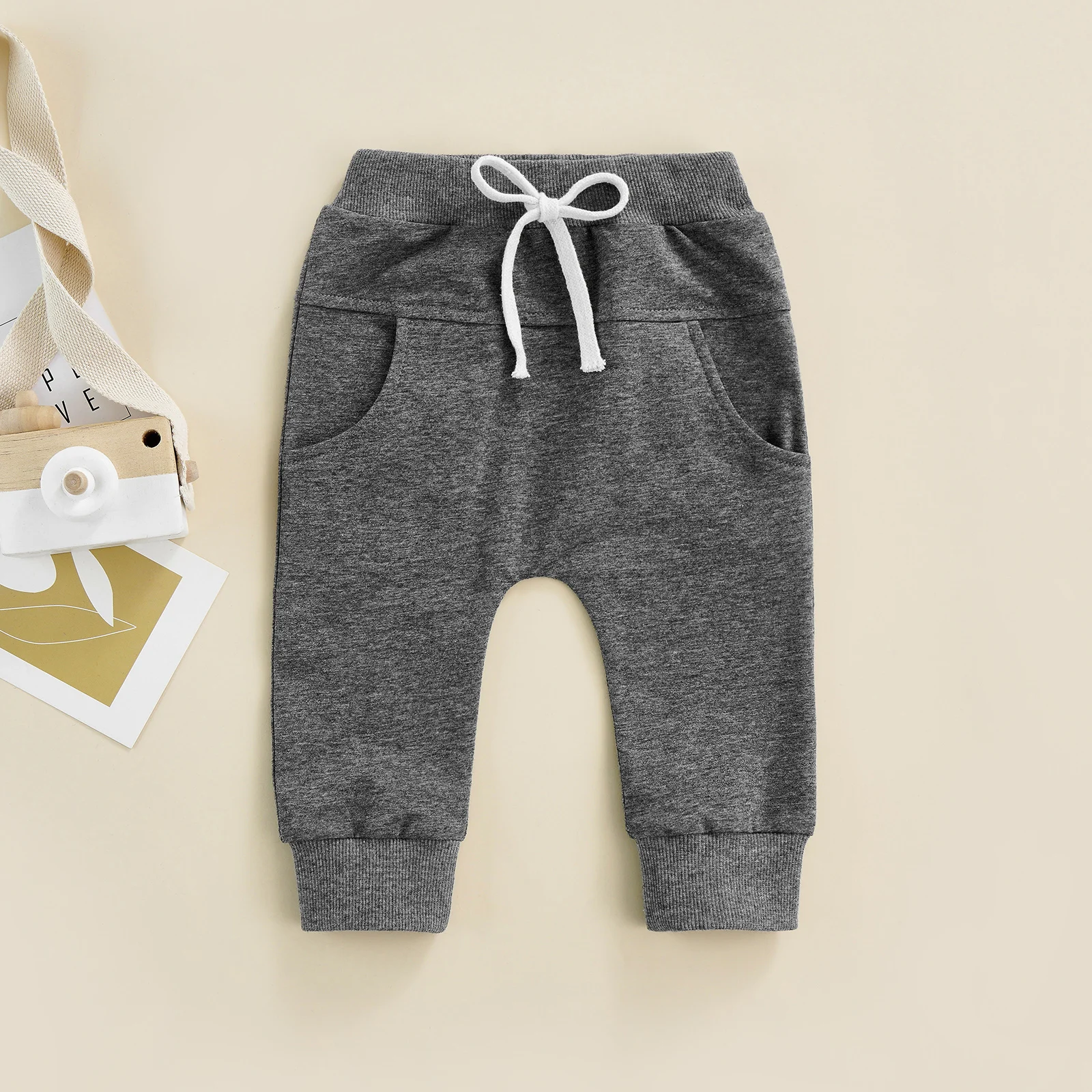Newborn Boys Girls Casual Trousers Elastic Waist Adjustable Drawstring Plain Leisure Style Loose Fit Long Pants Sweatpants - Image 2