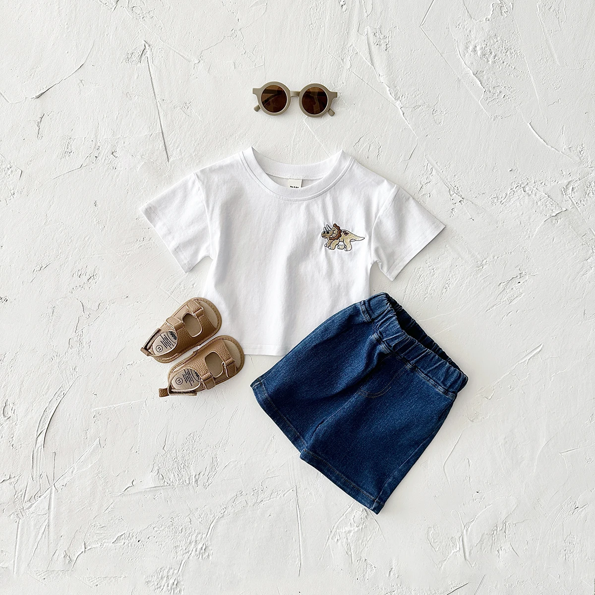 Newborn Summer T-shirt Boys Short Sleeve+Denim Shorts Casual Sports Shirt Dinosaur Embroidered Girl Baby 2PCS Children Clothing - Image 2