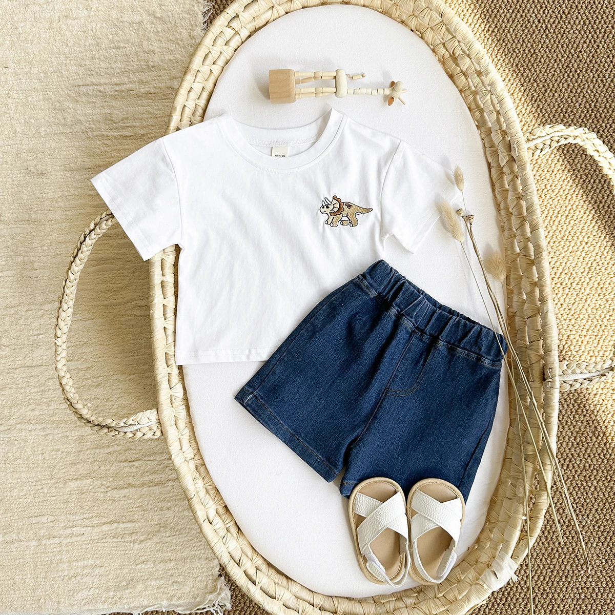 Newborn Summer T-shirt Boys Short Sleeve+Denim Shorts Casual Sports Shirt Dinosaur Embroidered Girl Baby 2PCS Children Clothing - Image 5