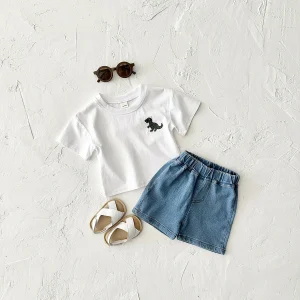 Newborn Summer T-shirt Boys Short Sleeve+Denim Shorts Casual Sports Shirt Dinosaur Embroidered Girl Baby 2PCS Children Clothing