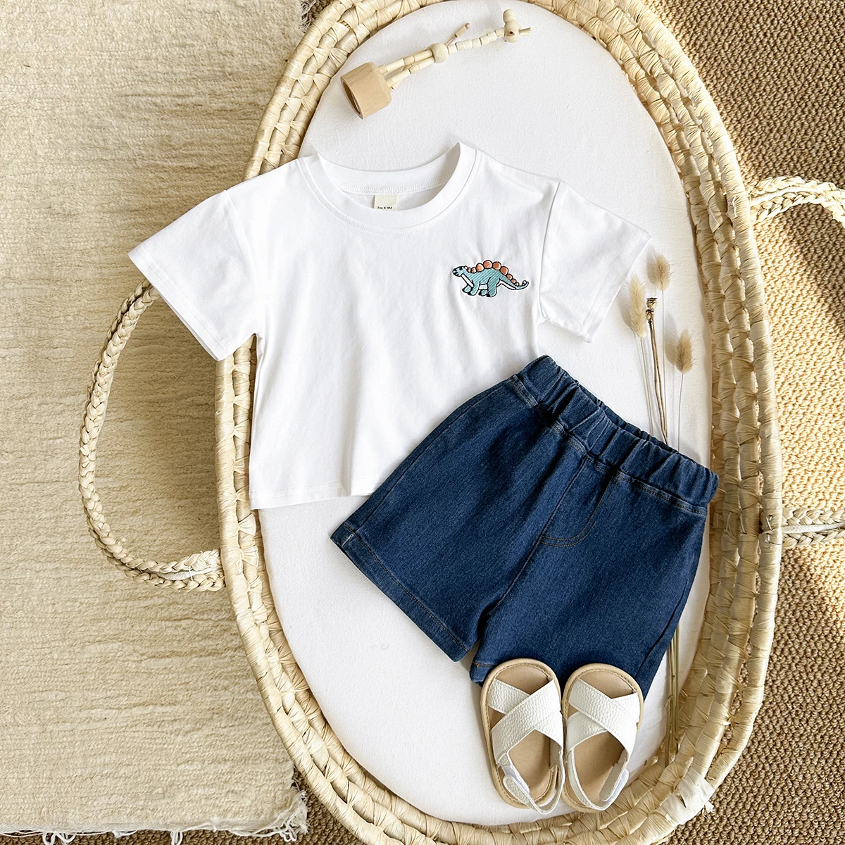 Newborn Summer T-shirt Boys Short Sleeve+Denim Shorts Casual Sports Shirt Dinosaur Embroidered Girl Baby 2PCS Children Clothing - Image 6