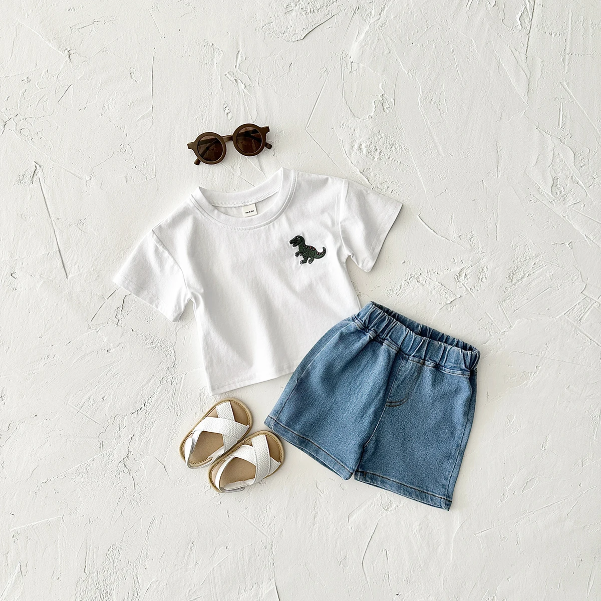 Newborn Summer T-shirt Boys Short Sleeve+Denim Shorts Casual Sports Shirt Dinosaur Embroidered Girl Baby 2PCS Children Clothing