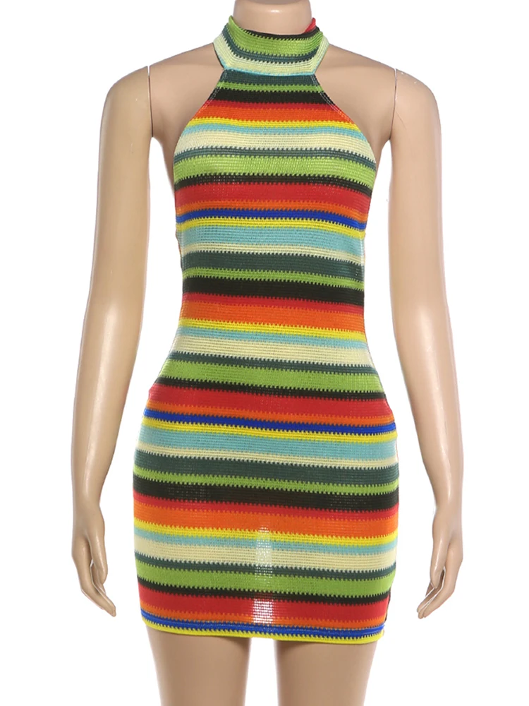 Nibber Backless Hottie Halter Dress Women Colorful Stripe Sexy Bandage Knit Fit Sleeveless Stretch Vacation Beach Party Clubwear - Image 6