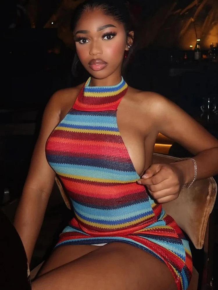 Nibber Backless Hottie Halter Dress Women Colorful Stripe Sexy Bandage Knit Fit Sleeveless Stretch Vacation Beach Party Clubwear - Image 4