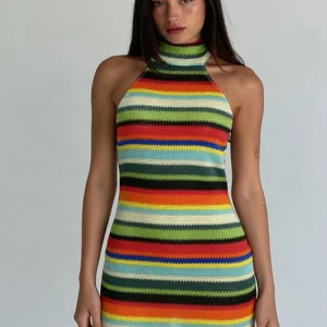 Nibber Backless Hottie Halter Dress Women Colorful Stripe Sexy Bandage Knit Fit Sleeveless Stretch Vacation Beach Party Clubwear