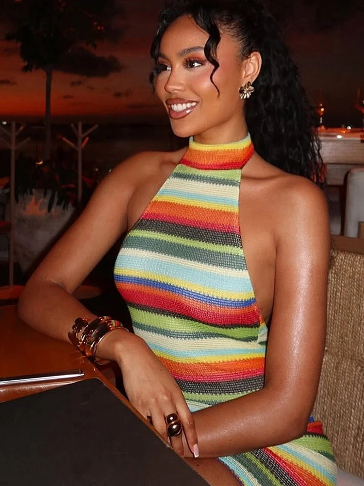 Nibber Backless Hottie Halter Dress Women Colorful Stripe Sexy Bandage Knit Fit Sleeveless Stretch Vacation Beach Party Clubwear - Image 5