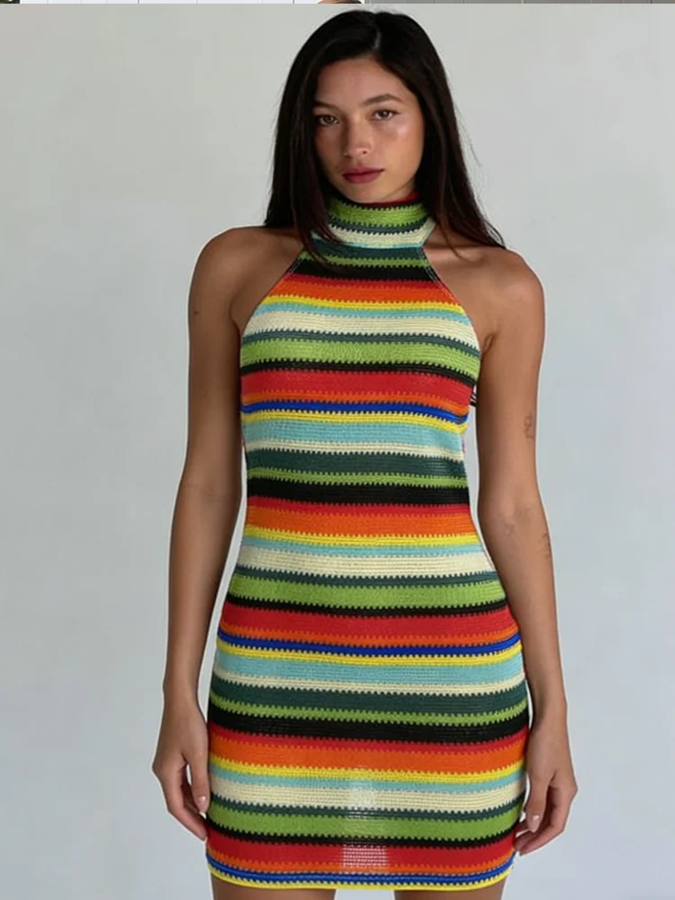 Nibber Backless Hottie Halter Dress Women Colorful Stripe Sexy Bandage Knit Fit Sleeveless Stretch Vacation Beach Party Clubwear