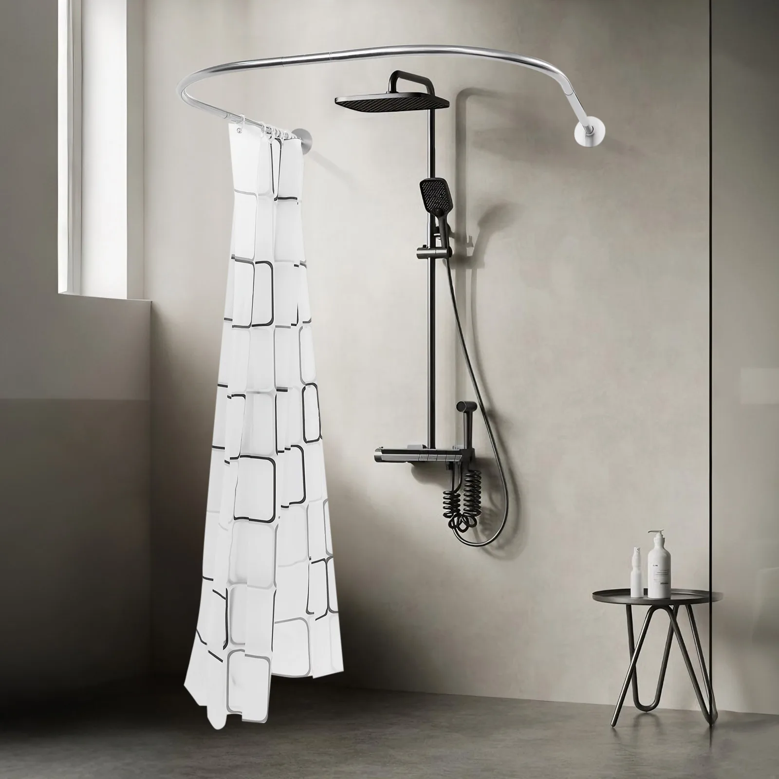 No Drilling Shower Curtain Rod Set, U-Shaped Adjustable Rod with Waterproof Curtain for Bathroom Wet/Dry Separation