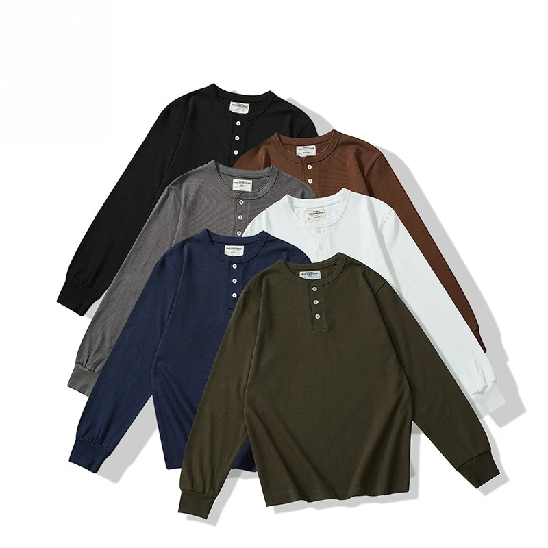 OK2201 Good Quality 280g/m²cotton Heavyweight Long Sleeve T-shirt Men Spring Autumn Fashion Solid Color Simple Basic Henry Shirt - Image 6