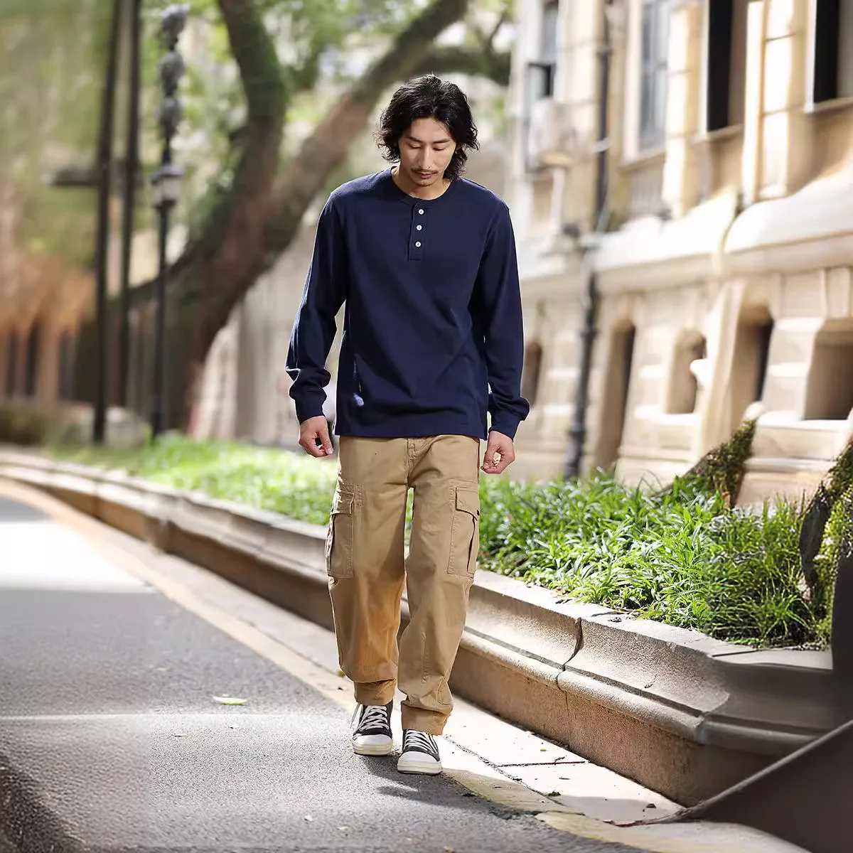 OK2201 Good Quality 280g/m²cotton Heavyweight Long Sleeve T-shirt Men Spring Autumn Fashion Solid Color Simple Basic Henry Shirt - Image 3