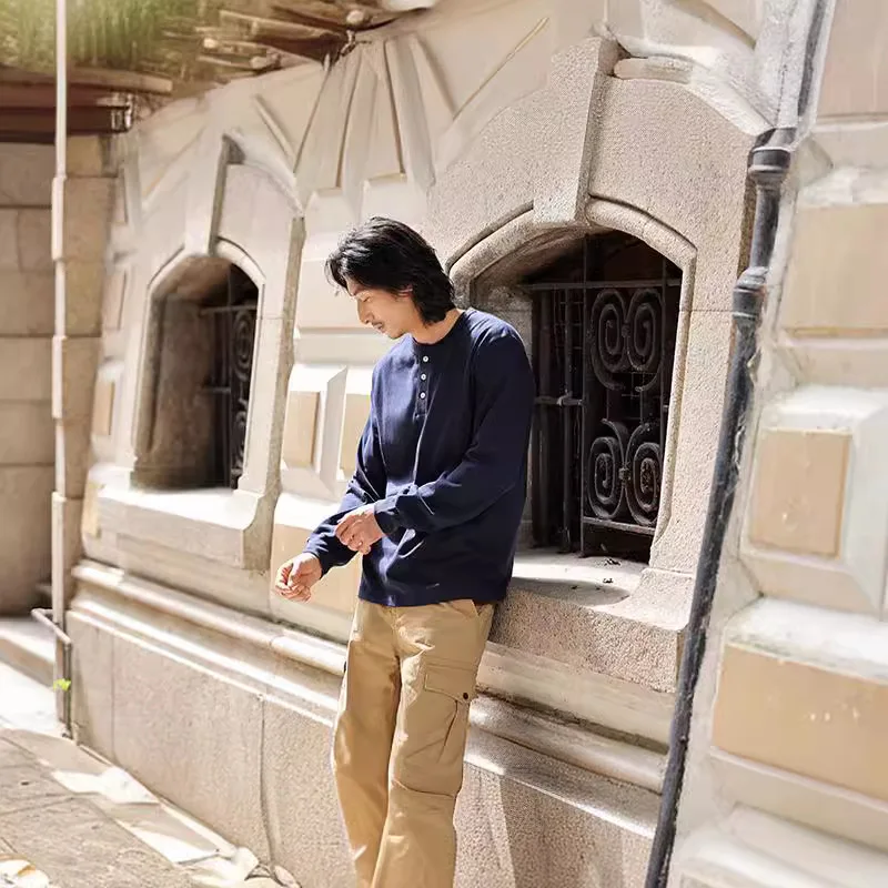 OK2201 Good Quality 280g/m²cotton Heavyweight Long Sleeve T-shirt Men Spring Autumn Fashion Solid Color Simple Basic Henry Shirt - Image 5