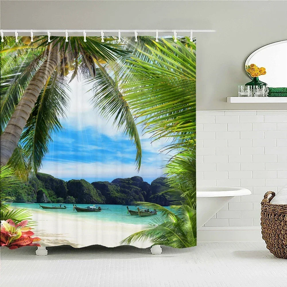 Ocean Beach Seascape and Wooden Pier Print Shower Curtain Waterproof Polyester Bathroom Curtain with 12 Hooks Easy Install for H - Image 2