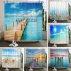 Ocean Beach Seascape and Wooden Pier Print Shower Curtain Waterproof Polyester Bathroom Curtain with 12 Hooks Easy Install for H