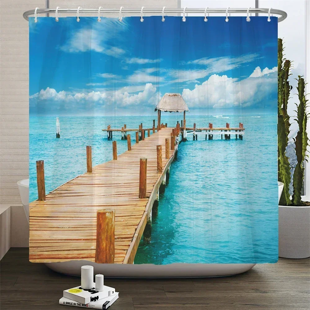 Ocean Beach Seascape and Wooden Pier Print Shower Curtain Waterproof Polyester Bathroom Curtain with 12 Hooks Easy Install for H - Image 3