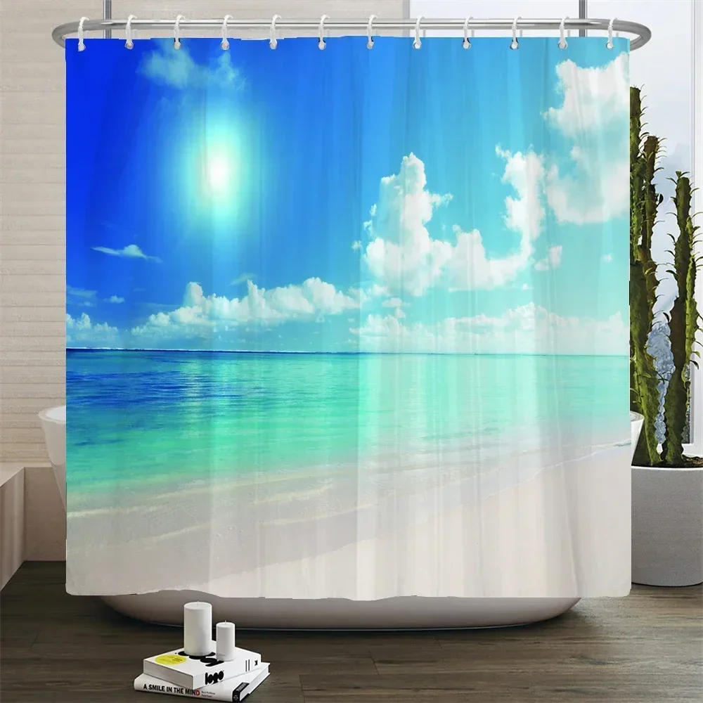Ocean Beach Seascape and Wooden Pier Print Shower Curtain Waterproof Polyester Bathroom Curtain with 12 Hooks Easy Install for H - Image 5