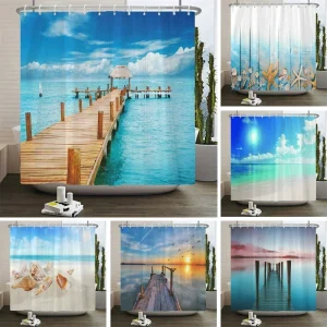 Ocean Beach Seascape and Wooden Pier Print Shower Curtain Waterproof Polyester Bathroom Curtain with 12 Hooks Easy Install for H