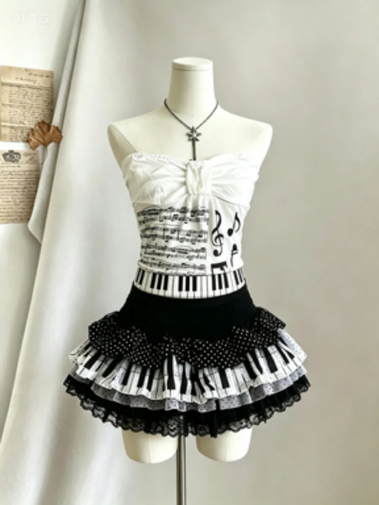 Piano Printed Sleeveless Vest Crop Tops Y2k Mini Skirts Women American Vintage Japanese Subculture Summer Streetwear - Image 2