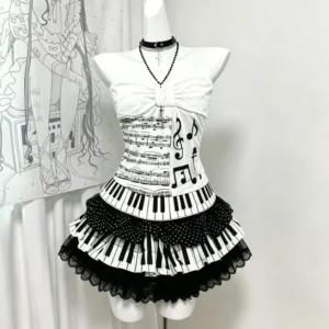 Piano Printed Sleeveless Vest Crop Tops Y2k Mini Skirts Women American Vintage Japanese Subculture Summer Streetwear