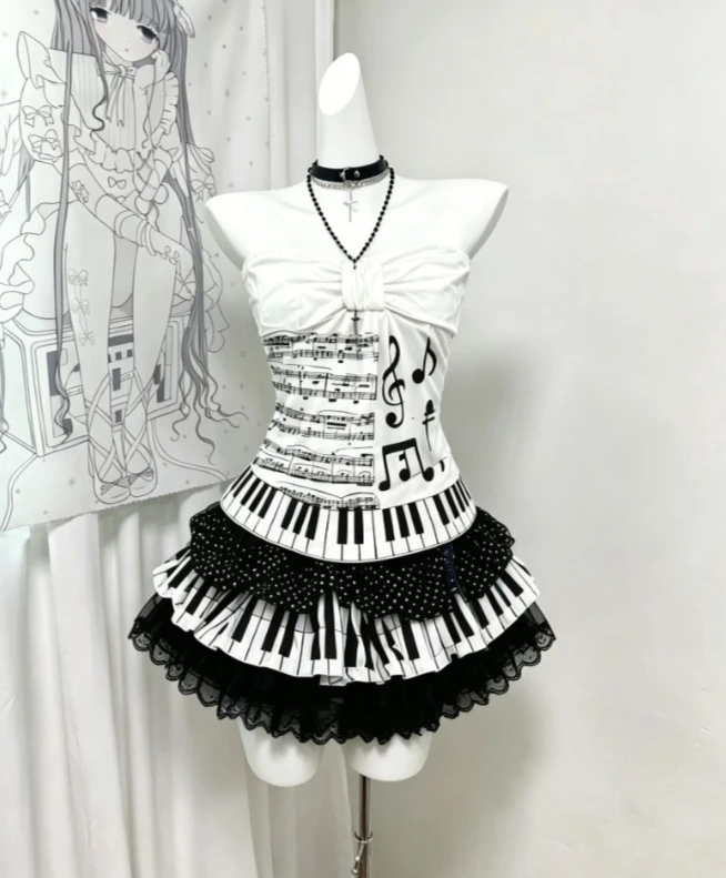 Piano Printed Sleeveless Vest Crop Tops Y2k Mini Skirts Women American Vintage Japanese Subculture Summer Streetwear
