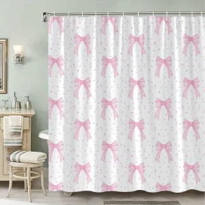 Pink Bows with Dots Shower Curtain - Romantic Whimsical Design, Polyester Fabric,12 Hooks,Fashion Theme Bathroom Decor