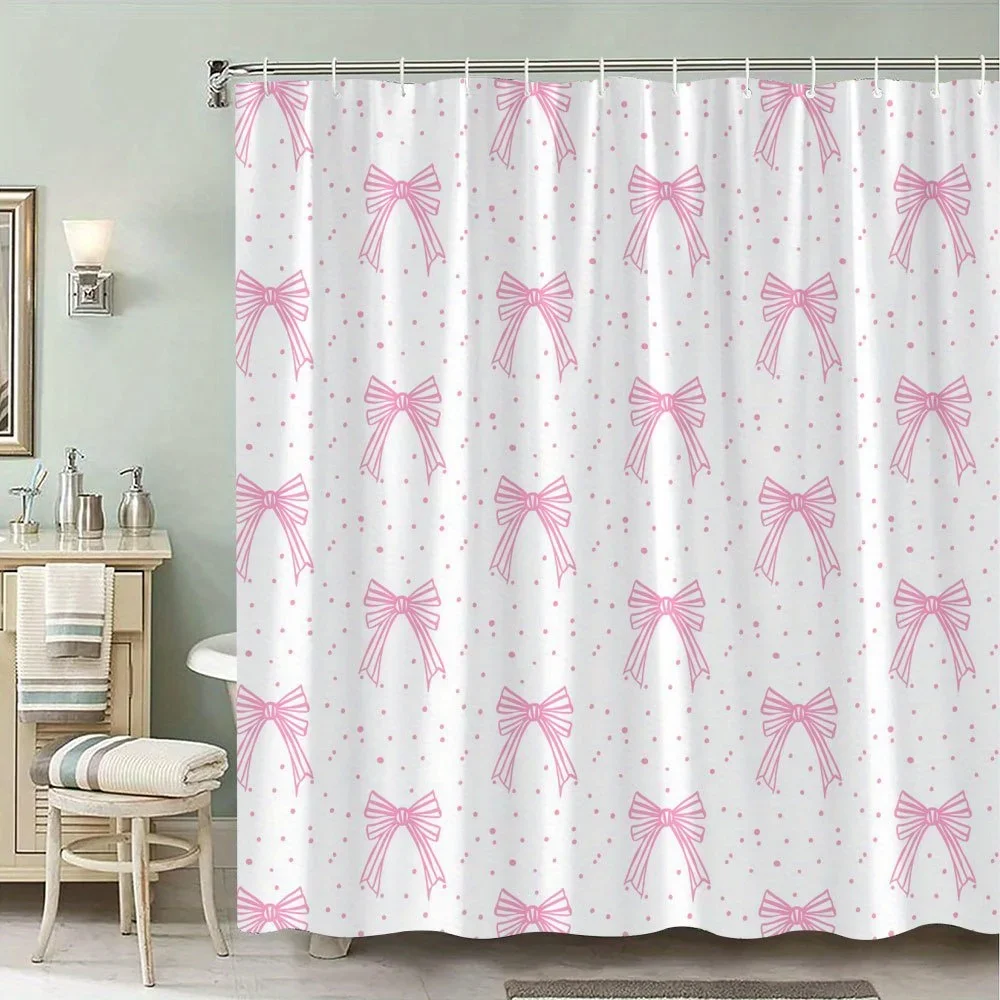 Pink Bows with Dots Shower Curtain - Romantic Whimsical Design, Polyester Fabric,12 Hooks,Fashion Theme Bathroom Decor
