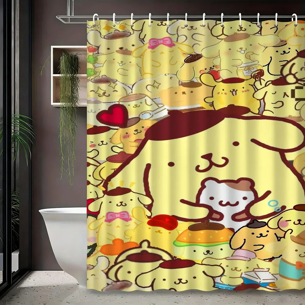 Pompompurin Cartoon Collage Print Shower Curtain Waterproof Polyester Fabric Bathroom Curtain with Hooks Easy Install for Bathro