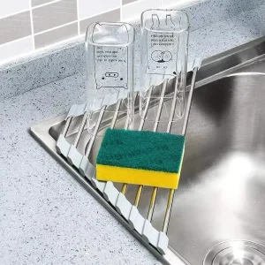 Roll Up Triangle Dish Drying Rack Foldable Stainless Steel Over Sink Drainer Kitchen Sink Organizer Sponge Rag Holder