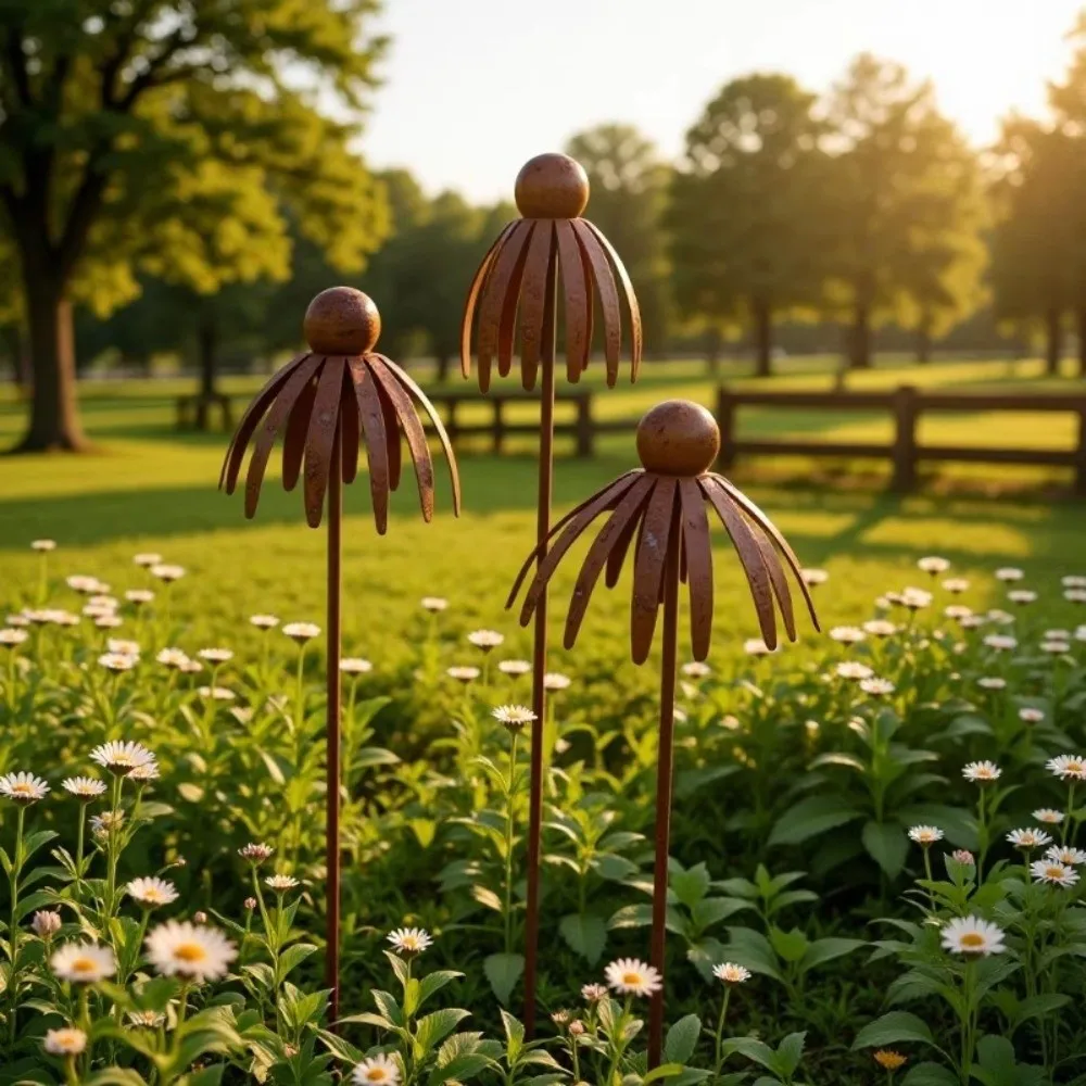 Rusted Iron Metal Daisy Stake Weather Resistant Long Stakes Curved Petal Stake Handmade Retro Style Rustic Garden Art - Image 2