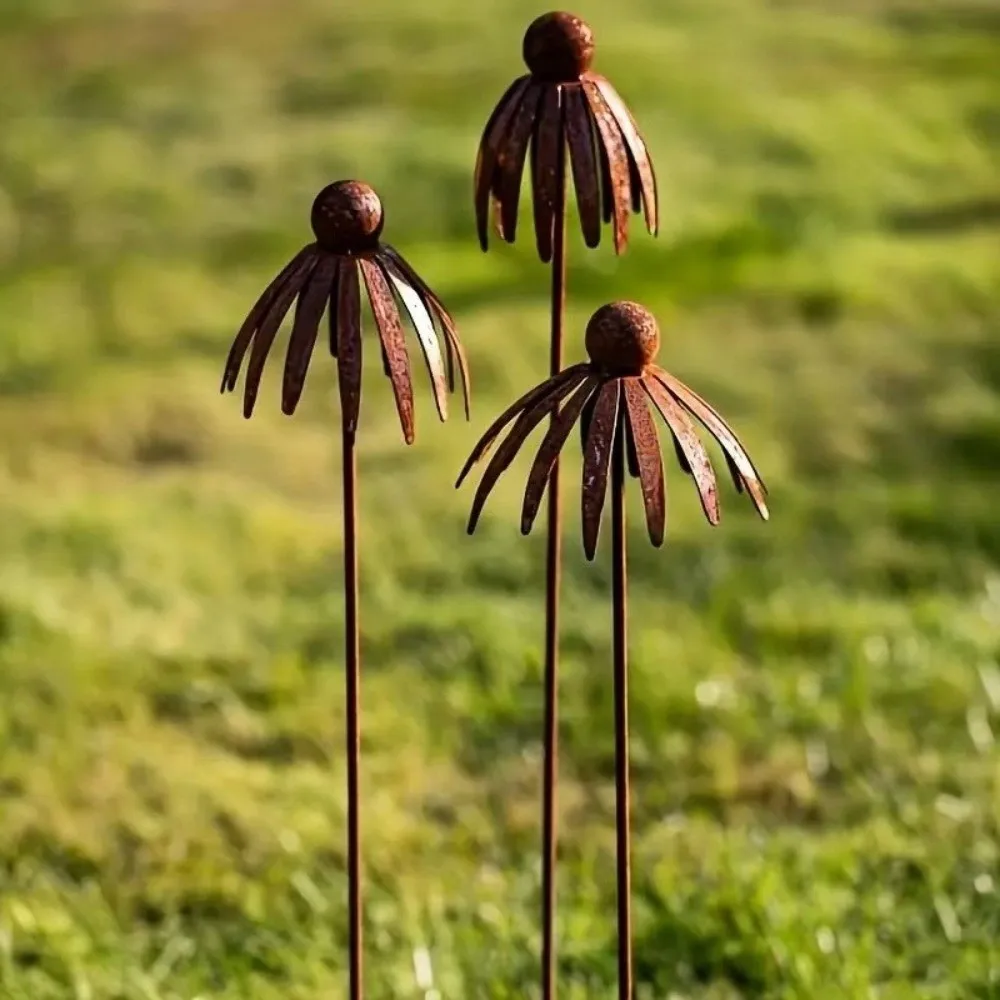 Rusted Iron Metal Daisy Stake Weather Resistant Long Stakes Curved Petal Stake Handmade Retro Style Rustic Garden Art - Image 4